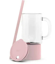 Pink glass tumbler with straw, handle, and snap-on lid