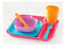Kids plastic dinnerware set with purple bowl, blue tray, and orange cup