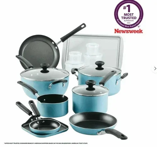 Farberware Easy Clean 20 Piece Aluminum Nonstick Pots and Pans Set, Aqua