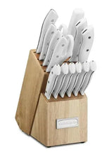 Cuisinart triple rivet knife set on wooden block, stainless blades with white handles