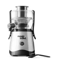 Mini juicer with clear cup and silver body, black base, front magic bullet logo.