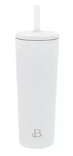 White stainless steel tumbler with straw and B logo