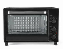 Black toaster oven with glass door and three front control knobs