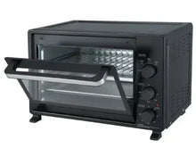 Black toaster oven with wire rack inside and three front temperature knobs