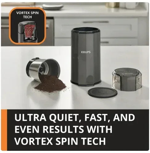 KRUPS Silent Vortex Electric Coffee and Spice Blade Grinder,Grey with removable Stainless Steel Grinder Bowl