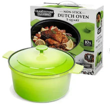 Green 5-qt Dutch oven with matching lid, nonstick interior, shown with box packaging