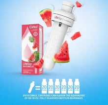 LifeSip watermelon drink mix cartridge with squeeze bottle and flavor count icons.