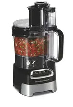 Black and stainless food processor with clear 10-cup sealed bowl and handle