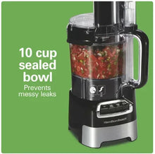 Food processor base with clear container and black lid, showing 10-cup sealed bowl