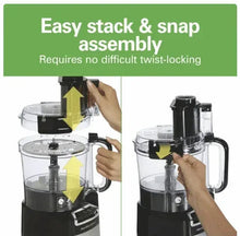 Stack-and-snap food processor with transparent bowl and black base, lid assembly