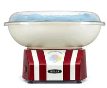 Red and white cotton candy maker with clear dome and striped base