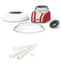 Cotton candy maker with red-and-white base, white top bowl, clear cover, and tools
