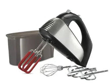 Stainless steel and black hand mixer with snap-on case, red beaters, and whisk attachments