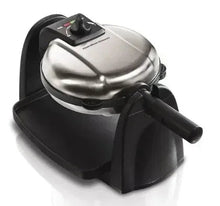 Flip Belgian waffle maker with stainless lid and black base, non-stick plates