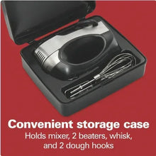 Black storage case with beaters and whisk attachments for hand mixer