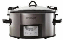 Black stainless steel slow cooker with lid, side handles, and front control panel