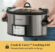 Stainless steel slow cooker with locking lid, side handles, and digital control panel