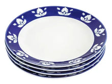 Indigo blue round dinner plate with white floral border, stack of plates