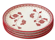 Stacked set of 4 round stoneware dinner plates with red botanical pattern