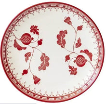 Single red and white stoneware dinner plate with bird and leaf motif, round