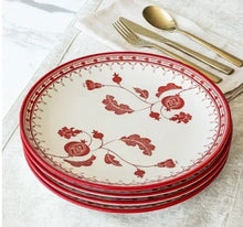 Set of 4 round stoneware dinner plates, red and white bird-leaf pattern