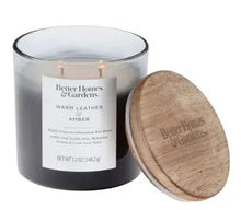 Better Homes & Gardens warm leather & amber jar candle with wooden lid and 2 wicks