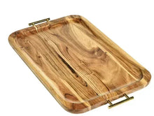 Acacia wood rectangular tray with gold-tone bar handles, one-piece wooden surface