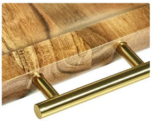 Acacia wood tray with gold-tone metal bar handles, close-up of handle and grain