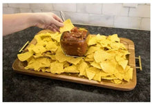Acacia wood rectangular tray with gold bar handles, holds yellow paper and loaf