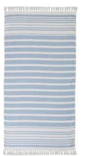 Light blue and white striped beach towel with tasseled fringe edges