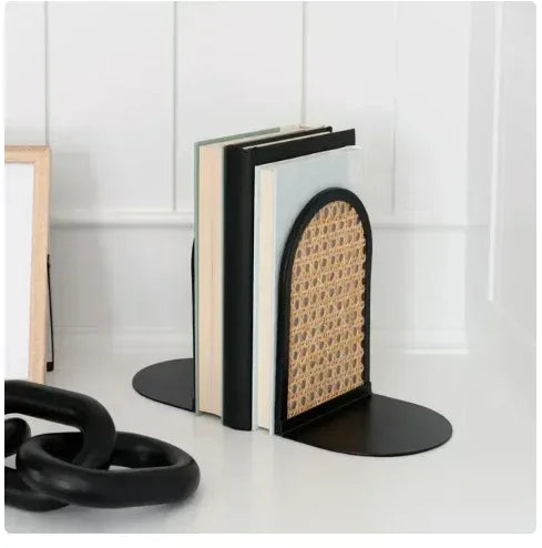 Arched Black Metal and Natural Rattan Indoor Tabletop Bookends