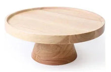 Rubber wood cake stand with round top and short pedestal base in natural wood