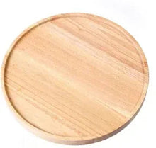 Rubber wood cake stand with round natural wood top, flat serving surface