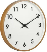 Round analog wall clock, wood-look rim, white face with black numerals and two hands