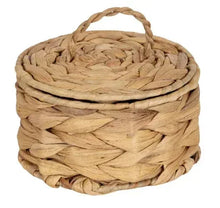 Natural water hyacinth round trinket box with woven lid and carry handle