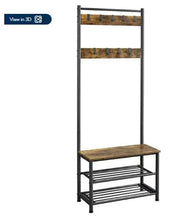 Metal hall tree bench with shoe storage, rustic brown wood top and hanging hooks