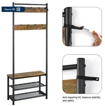 Metal hall tree with shoe storage bench and anti-tip bracket attachment details