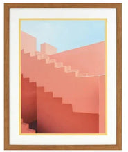 Framed pink stairs wall art with coral geometric steps and light blue sky, wooden frame