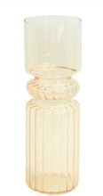 Iridescent amber fluted glass tabletop vase with rounded top and ribbed body