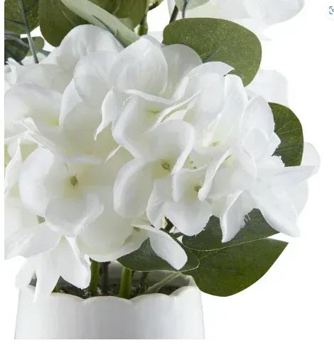 My Texas House White Faux Hydrangea Plant in Ceramic Vase, 16" Height