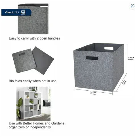Better Homes & Gardens 12.75" Fabric Cube Storage Bin, Gray