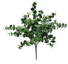 Artificial eucalyptus leaves pick, green foliage cluster on slender stem, 14 in tall.