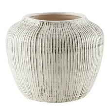 White round stoneware vase with vertical ribbed stripes and distressed speckle