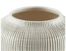 White distressed stripe round stoneware vase with ribbed texture
