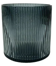Smoke glass pillar candle holder, ribbed cylindrical hurricane with open top