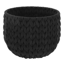 Black closed-weave storage basket with textured knit pattern and wide rim