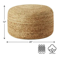 Natural jute pouf, cylindrical woven texture, 12in height x 20in width