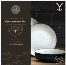 Dinnerware set box with 12-piece label and speckled white plate design.