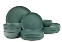 Caspian green stoneware dinnerware set with plates and bowls, stacked