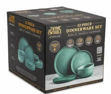 12-piece dinnerware set box showing caspian green stoneware plates and bowls